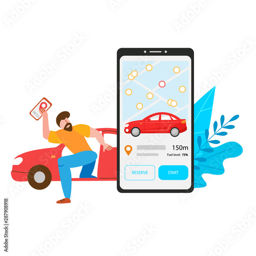 The concept of the end of a car sharing trip. A satisfied bisness man gets out of a rented car. In the hands of a phone with a car sharing application and a button to complete the trip.