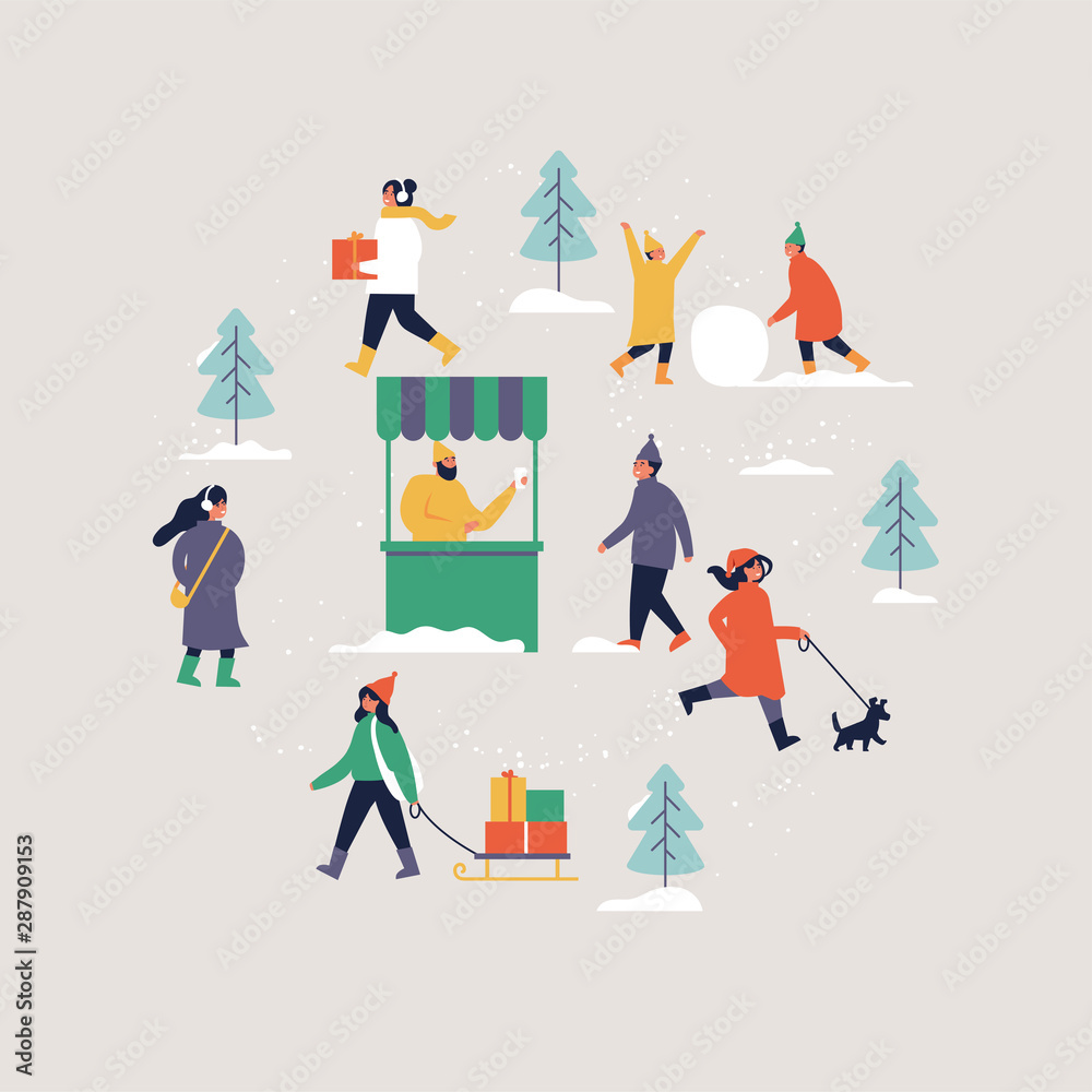 Vector illustration people enjoying their time outdoors in park. in winter weather Christmas holiday season recreation and public event.