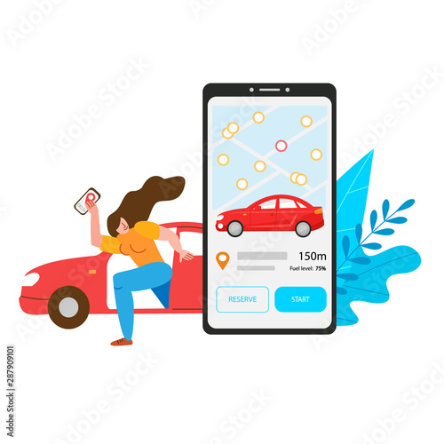 The concept of the end of a car sharing trip. A satisfied woman gets out of a rented car. In the hands of a phone with a car sharing application and a button to complete the trip.