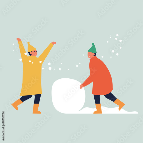 Vector illustration children make a snowman. Christmas characters.