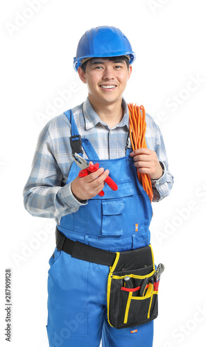 Male electrician on white b...