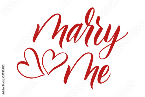 Modern handwritten brush calligraphy marry me and hearts isolated on white background. Brush calligraphy, Vector illustration.