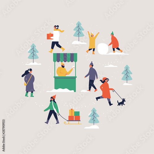 Vector illustration people enjoying their time outdoors in park. in winter weather Christmas holiday season recreation and public event.