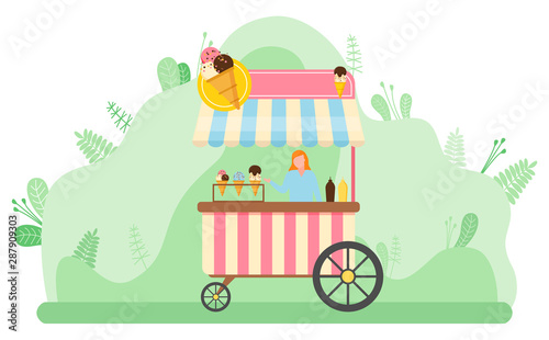 Seller standing by kiosk with ice cream vector, character selling desserts frozen snacks. Outdoors market in park. Tent with gelato production flat style. Flat cartoon