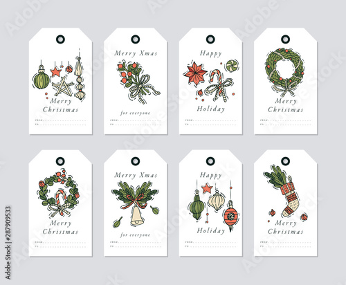 Vector linear design Christmas greetings elements on white background. Christmas tags set with typography and colorful icon.