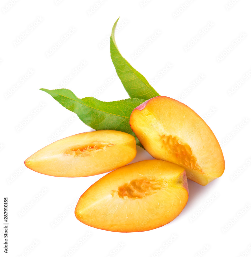 Ripe cut peach on white background Ripe cut peach on white background