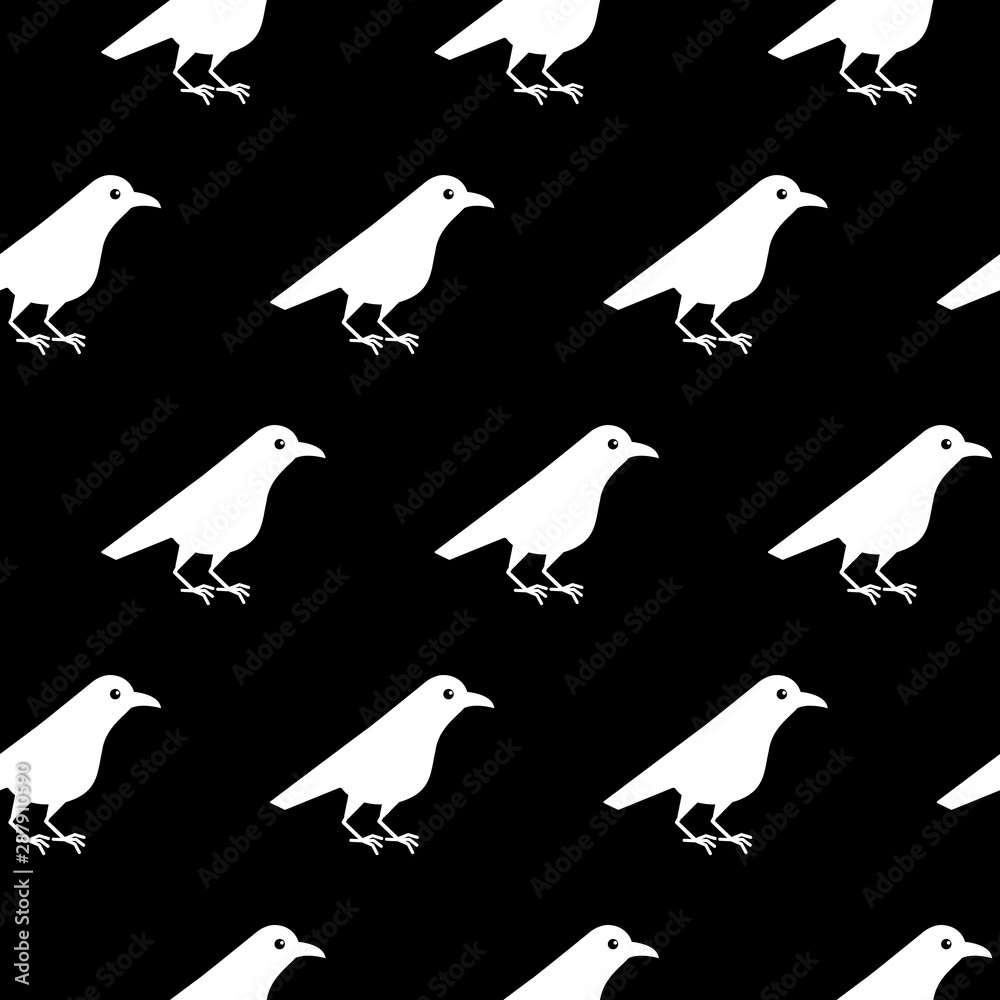 Fototapeta premium White raven seamless pattern. Crow bird isolated on a black background.
