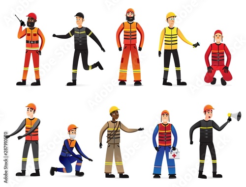Rescuers in Different Positions with Equipment.