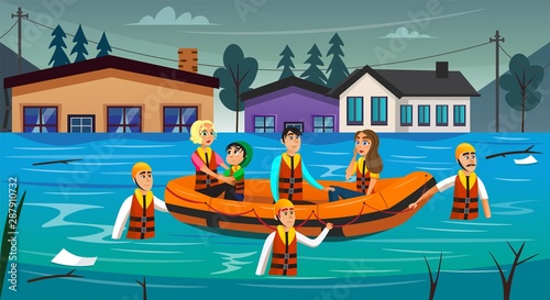 Cartoon Flood Survivors Sitting in Inflatable Boat