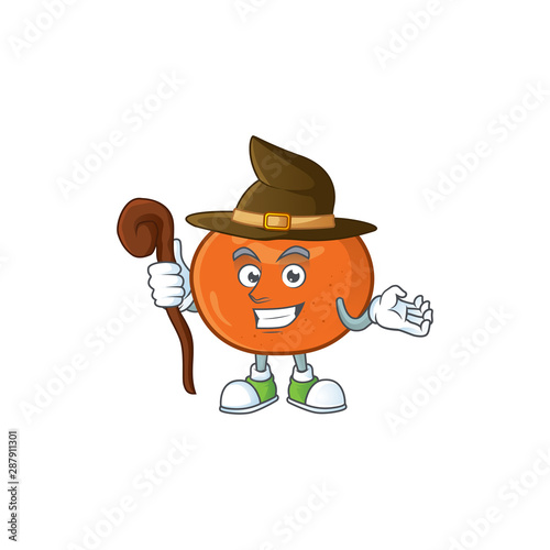 Witch tangerine cartoon mascot on white background