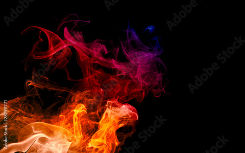 Colorful fire and smoke with light texture abstract isolated on dark black background