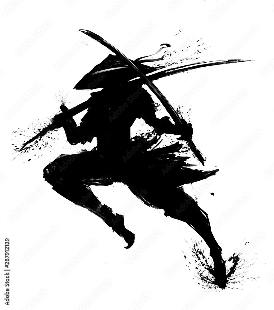 Silhouette Of A Samurai In A Jump Wearing A Hat With Two Swords In His Hands 2d Illustrations Stock イラスト Adobe Stock