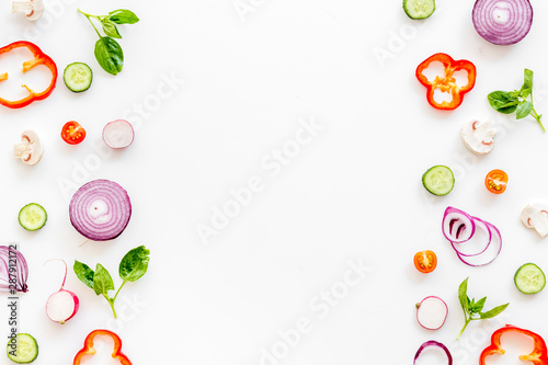 Frame of colorful vegetables on white background top view mock up