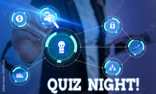 Writing note showing Quiz Night. Business concept for evening test knowledge competition between individuals Woman wear formal work suit presenting presentation using smart device