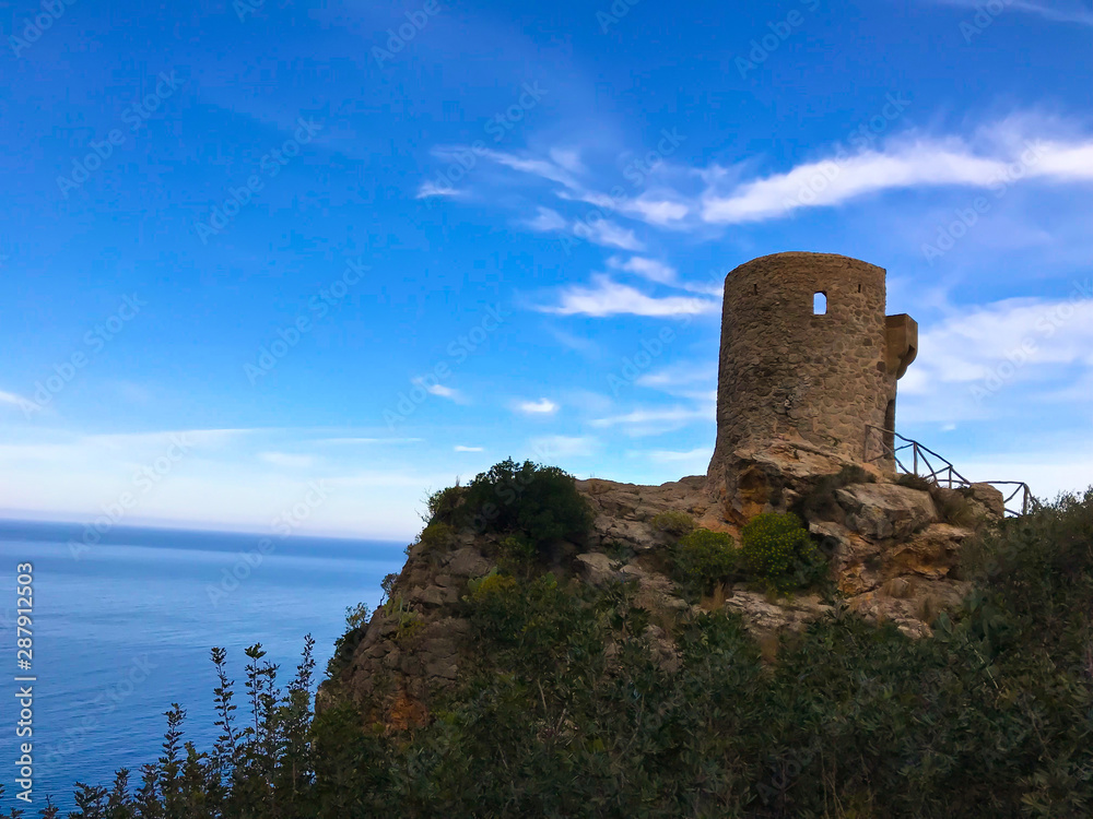 PALMA DE MALLORCA, SPAIN, Balearic.  Watchtower west coast on the island  of Palma de Mallorca. Tower of the virgin. (Torre del verger). Landscape