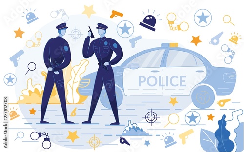 Police Officers Standing near Car with Icons.