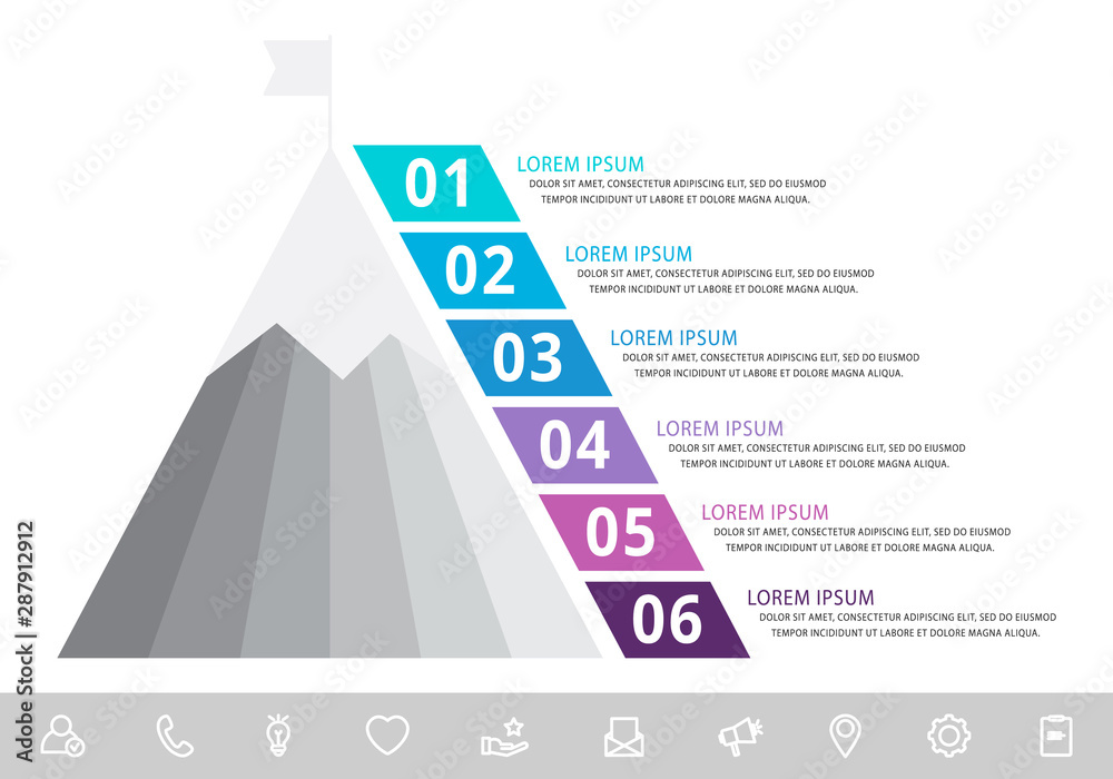 Vector infographic template with pyramid and mountain and six labels ...