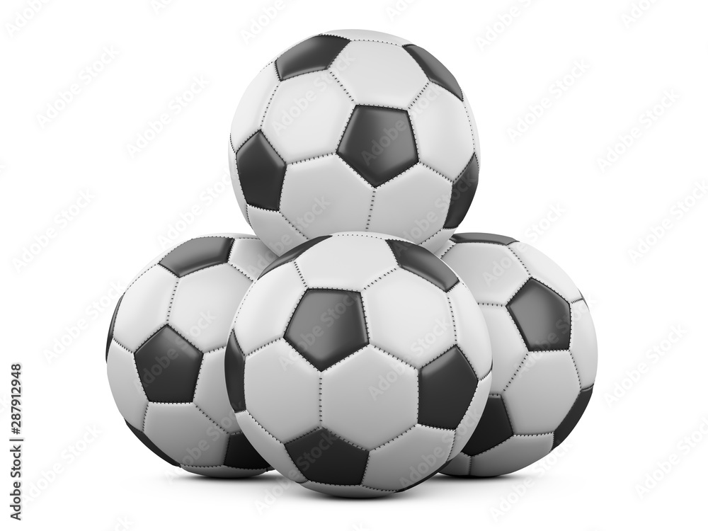 Pile of soccer balls isolated on white background.