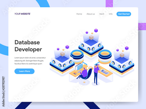 Landing page template of Database Developer Isometric Illustration Concept. Modern design concept of web page design for website and mobile website.Vector illustration EPS 10