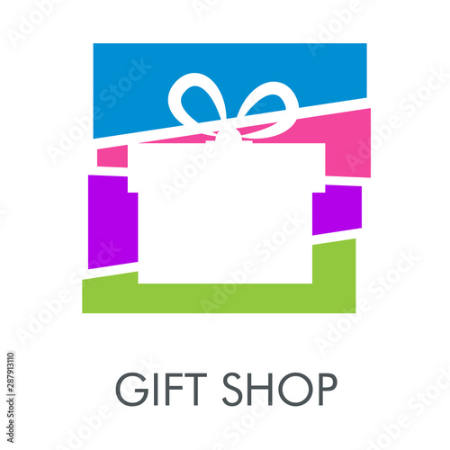 Logotipo con texto GIFT SHOP con caja de regalo en espacio negativo en cuadrado dividido en varios colores