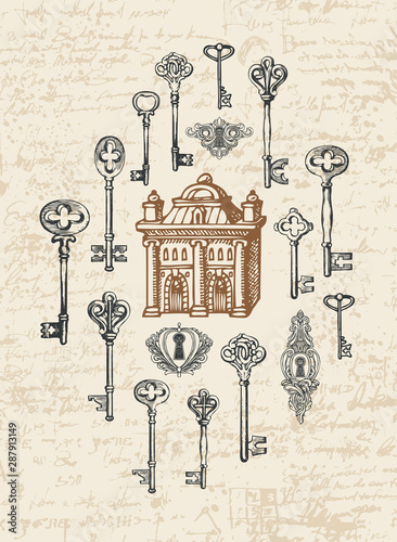 Vector banner with vintage keys, keyholes and old house in retro style. Hand-drawn illustration on an abstract background of an old manuscript with spots and blots