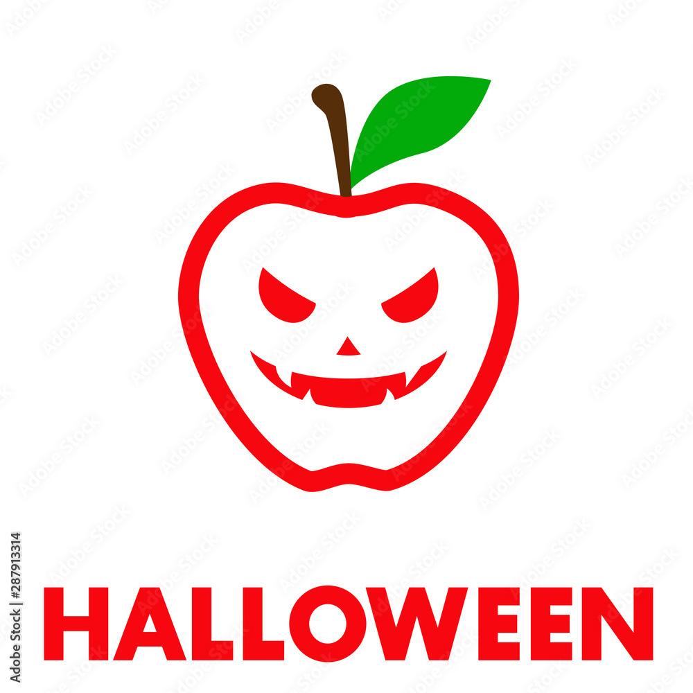 Logotipo con texto HALLOWEEN con manzana lineal con cara en color rojo