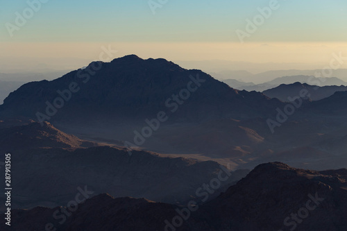 Egypt. Mount Sinai in the morning at sunrise. (Mount Horeb, Gabal Musa, Moses Mount). Pilgrimage place and famous touristic destination.