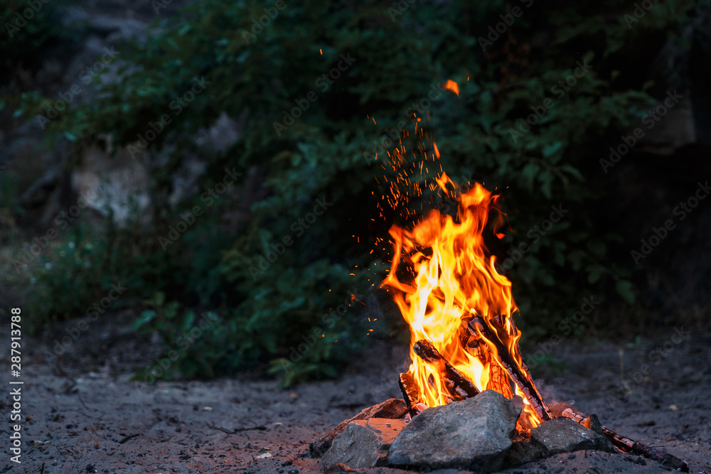 Bonfire is lit on the sandy beach of a lake Bonfire is lit on the sandy beach of a lake