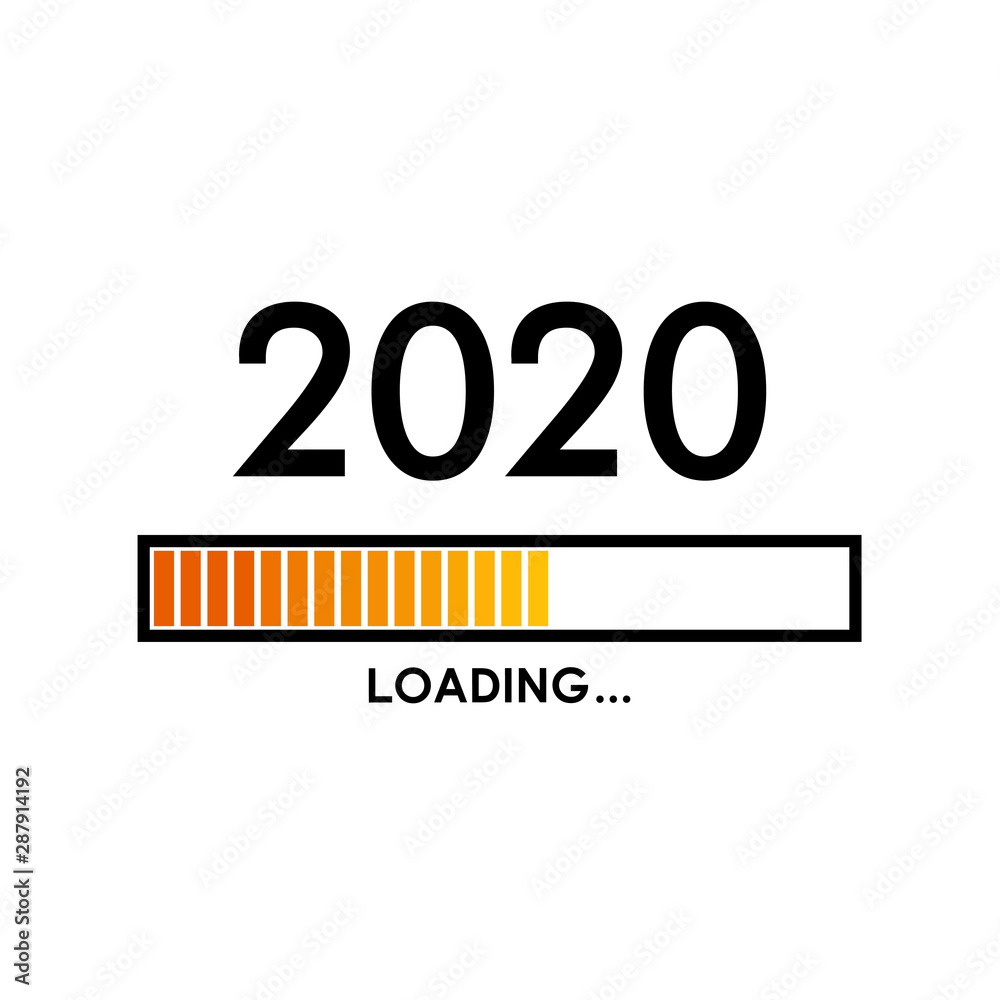 Icono plano con texto LOADING 2020 con barra progreso en color naranja Icono plano con texto LOADING 2020 con barra progreso en color naranja