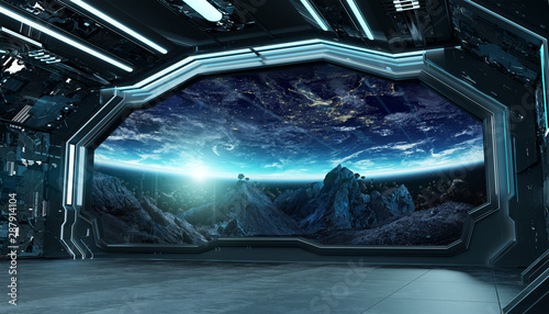 Fototapeta Naklejka Na Ścianę i Meble -  Dark blue spaceship futuristic interior with window view on space and planets 3d rendering
