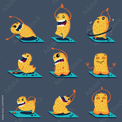 Cute monsters in different yoga poses. Vector cartoon characters set isolated on background.