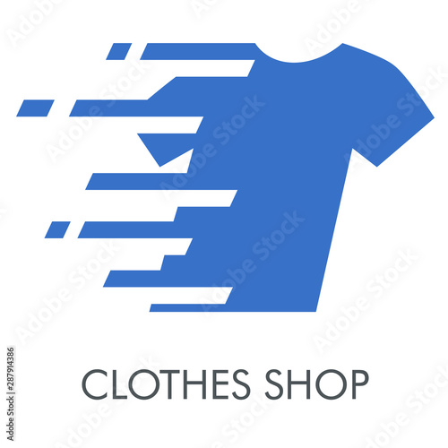 Logotipo con texto CLOTHES SHOP con camiseta con líneas de velocidad en color azul