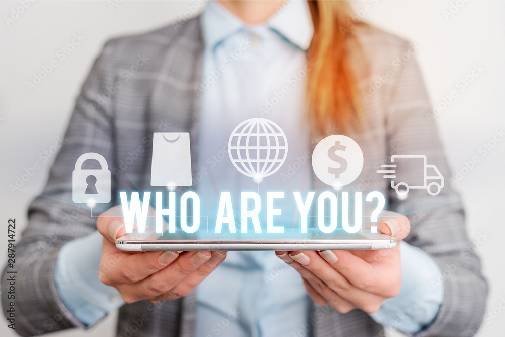 Handwriting text writing Who Are You Question. Conceptual photo asking about someone identity or demonstratingal information Modern technology tech loock Lady front presenting hands blue glow copy