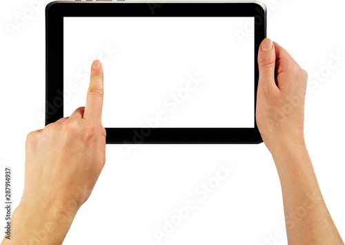 female hands use black tablet with blank touch screen isolated on white background