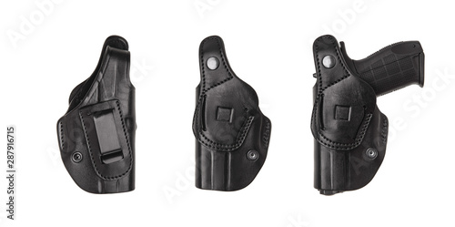Fotografie Black leather holster for a gun isolate on a white background.