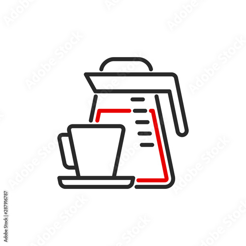 teapot with coffee and mug outline flat icon. Single high quality outline logo symbol for web design mobile app. Thin line sign design logo. Black and red icon pictogram isolated on white background