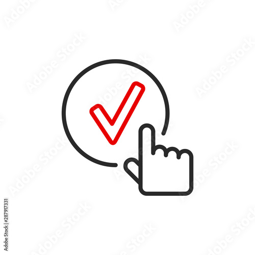 complete check mark done outline flat icon. Single high quality outline logo symbol for web design or mobile app. Thin line sign design logo. Black and red icon pictogram isolated on white background