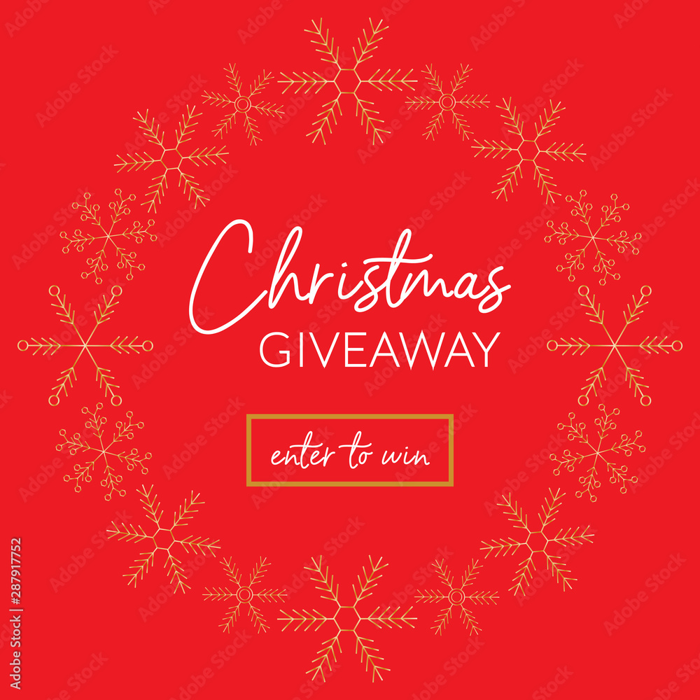 Christmas social media template. Giveaway banner with gold snowflake garland on the red background. Square vector illustration
