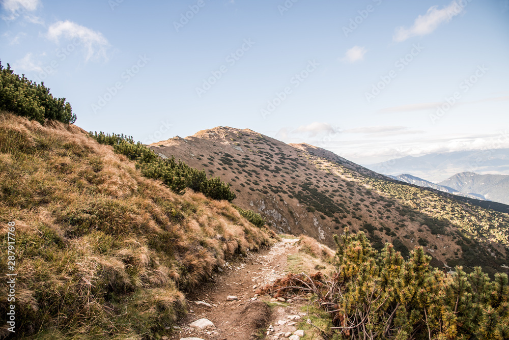 autumn Nizke Tatry mountains scenery from hiking trail bellow Sedlo Polany mountain pass in Slovakia