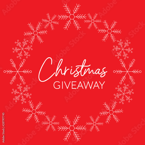 Christmas giveaway banner for online contest with prize. Social media template with white snowflake garland on the red background. Square vector illustration
