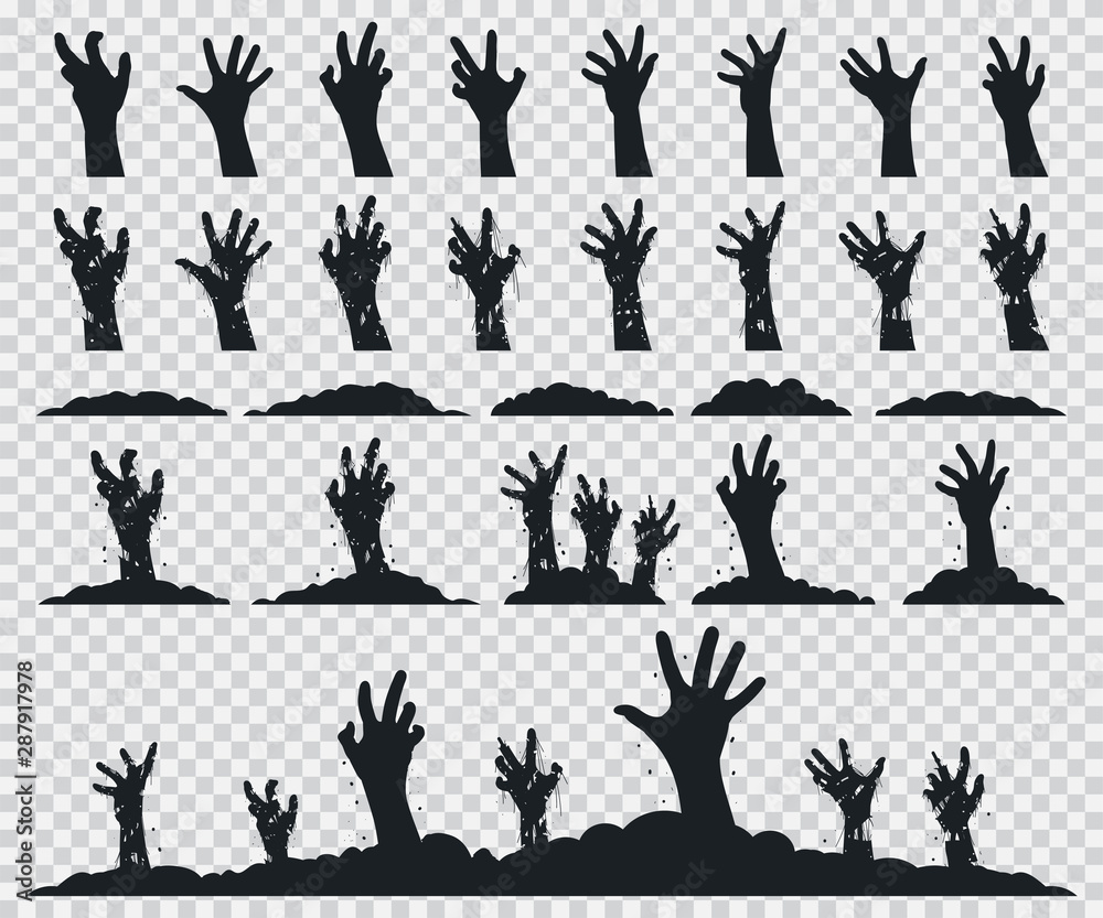 Zombie hands black silhouette vector icons set isolated on a transparent background.