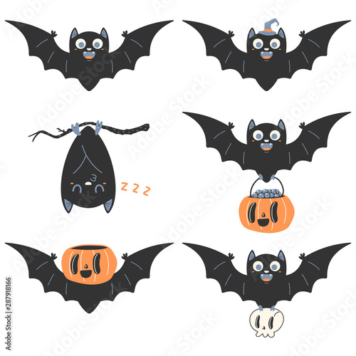 Cute bat vector cartoon character for Halloween isolated on white background.