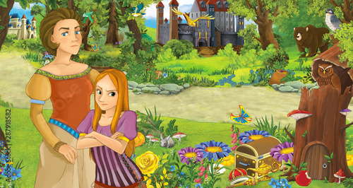 Fototapeta Naklejka Na Ścianę i Meble -  cartoon scene with happy young girl princess and her mother in the forest near some castles - illustration for children