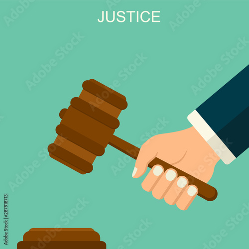 Vector background with hand holding judges gave. Judge arm with hummer. Justice flat style pattern. Law and order concept.