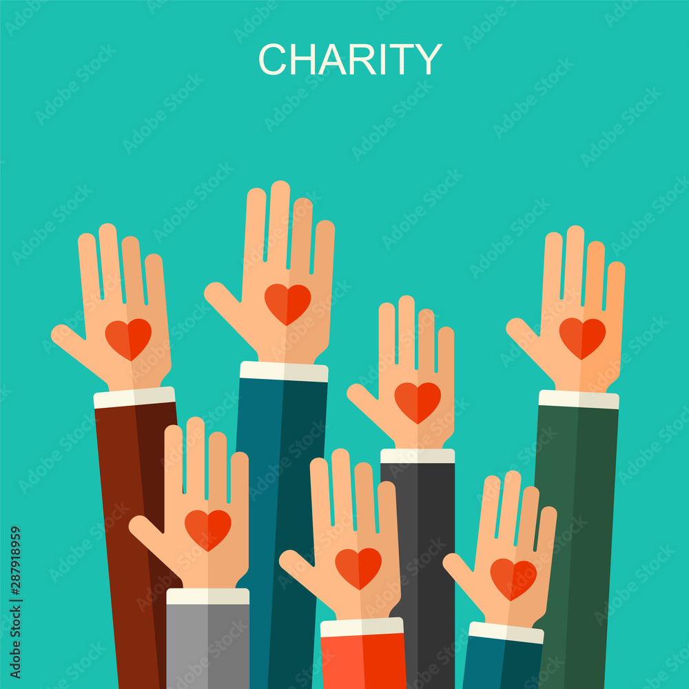 Fototapeta premium Vector charity and donation concept. Banner illustration with social charity and donation icons and symbols, flat style. 
