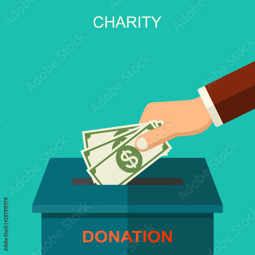 Vector charity and donation concept. Banner illustration with social charity and donation icons and symbols, flat style. 