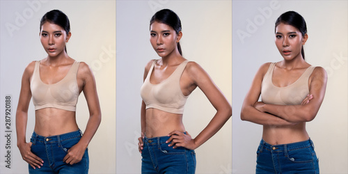 Collage group pack Portrait of Asian slim Fitness woman exercise warm up stretch muscle and boxing puch body wear sport bra and Jean pants, Concept Woman Can Do athlete Sport healthy photo