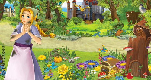 cartoon scene with happy young girl in the forest near some castles - illustration for children