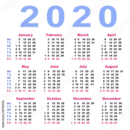 Calendar 2020 in Rus and Eng. Vector illustration