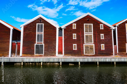 Hudiksvall  Sweden Old fishermen boathouses on the Sundskanalen  or Sund Canal  also know as Moljen.